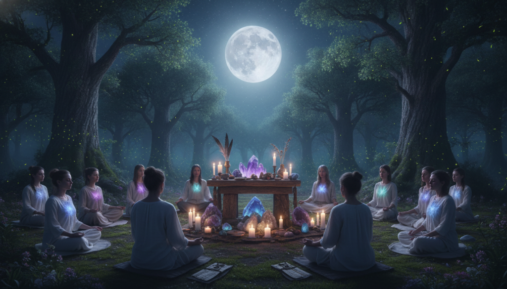 A serene full moon rises high in a starlit sky, casting a soft, ethereal glow over a tranquil forest clearing. In the foreground, a diverse group of individuals dressed in modest casual clothing gathers in a circle, meditating and releasing their limiting beliefs under the moonlight. The middle ground features an altar adorned with crystals, candles, and symbolic artifacts, shimmering with reflections of the moon’s light. The background showcases towering trees and flickering fireflies, enhancing the magical ambiance. The scene is lit by a mix of moonlight and ambient glow in dreamy neon colors, evoking a sense of spiritual awakening and transformation. The composition uses a wide-angle lens to capture a panoramic view, immersing the viewer in this transformative ritual atmosphere. A serene full moon rises high in a starlit sky, casting a soft, ethereal glow over a tranquil forest clearing. In the foreground, a diverse group of individuals dressed in modest casual clothing gathers in a circle, meditating and releasing their limiting beliefs under the moonlight. The middle ground features an altar adorned with crystals, candles, and symbolic artifacts, shimmering with reflections of the moon’s light. The background showcases towering trees and flickering fireflies, enhancing the magical ambiance. The scene is lit by a mix of moonlight and ambient glow in dreamy neon colors, evoking a sense of spiritual awakening and transformation. The composition uses a wide-angle lens to capture a panoramic view, immersing the viewer in this transformative ritual atmosphere.