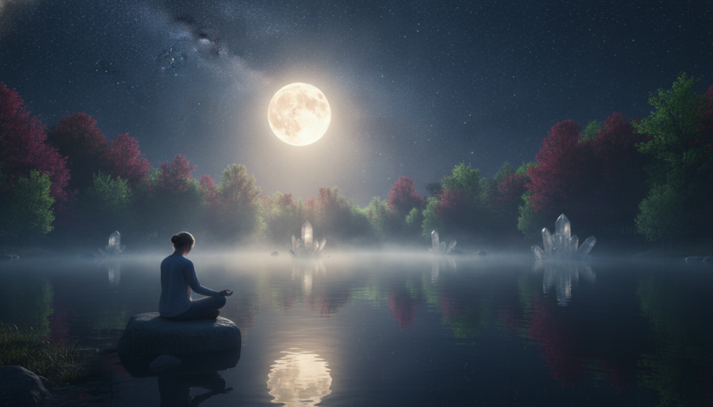 A serene full moon shines brightly in a starry night sky, casting its luminous glow over a tranquil lake. In the foreground, a person of Caucasian descent is seated cross-legged on a smooth stone, dressed in modest casual attire, engaging in a reflective ritual. Soft, ethereal mist hovers above the water surface, mirroring the moon's light and creating a dreamlike atmosphere. Surrounding the lake, lush trees gently sway in the night breeze, their leaves shimmering with hints of neon hues. The middle ground features mystical crystal formations catching the moonlight, enhancing the enchanting quality of the scene. The composition is framed with a wide-angle lens, emphasizing the vastness of the night sky above, while warm, soft lighting enhances the sense of peace and introspection inherent in the full moon's energy. A serene full moon shines brightly in a starry night sky, casting its luminous glow over a tranquil lake. In the foreground, a person of Caucasian descent is seated cross-legged on a smooth stone, dressed in modest casual attire, engaging in a reflective ritual. Soft, ethereal mist hovers above the water surface, mirroring the moon's light and creating a dreamlike atmosphere. Surrounding the lake, lush trees gently sway in the night breeze, their leaves shimmering with hints of neon hues. The middle ground features mystical crystal formations catching the moonlight, enhancing the enchanting quality of the scene. The composition is framed with a wide-angle lens, emphasizing the vastness of the night sky above, while warm, soft lighting enhances the sense of peace and introspection inherent in the full moon's energy.