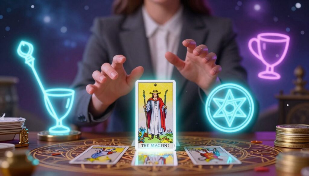 A serene, glowing tarot reading scene featuring "The Magician" card prominently displayed on an ornate wooden table. In the foreground, a skilled tarot reader, a Caucasian woman in professional attire, gracefully gestures with her hands, revealing the card's vibrant imagery. The middle ground showcases an array of mystical symbols like a wand, cups, and pentacles, all illuminated with dreamy neon colors. The background transitions into a softly blurred cosmic landscape, embodying the theme of love, work, and money. Soft, ethereal lighting casts an enchanting glow over the scene, creating a mystical atmosphere. The overall mood is empowering and serene, inviting viewers to explore their potential to manifest abundance in all areas of life.