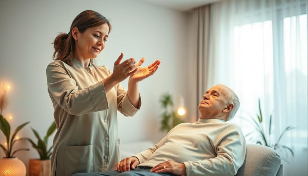 A serene healing scene depicting a professional Reiki practitioner gently placing their hands over a cancer patient who is seated comfortably in a softly lit room. The foreground features the practitioner in modest, professional clothing, radiating calmness and compassion. In the middle ground, the patient, also dressed casually yet neatly, is surrounded by soft pastel colors and gentle, glowing lights that suggest warmth and comfort. The background showcases calming nature elements, like subtle plants and a window with sunlight filtering through sheer curtains. The atmosphere is tranquil and supportive, evoking feelings of peace, healing, and relief from pain and fatigue. The lighting is soft and diffused, enhancing the soothing vibe, captured from a slightly elevated angle to encompass both subjects harmoniously. Neon accents subtly highlight the scene, reminiscent of high-end magazine aesthetics, appealing to an adult Gen Z audience.