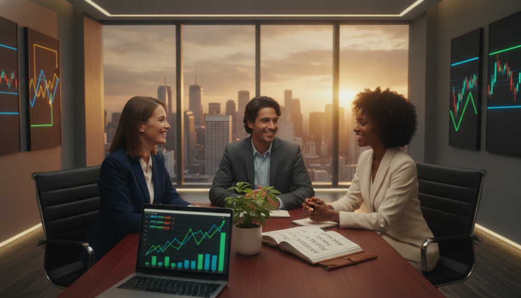 A serene, high-end financial workspace showcasing a diverse group of three adults in professional attire. The foreground features a glossy wooden table with modern financial tools: a laptop displaying positive financial graphs, a notepad filled with affirmations, and a small indoor plant symbolizing growth. In the middle, the three individuals—Caucasian, Hispanic, and Black—engage in a collaborative discussion, sharing smiles and supportive gestures, exuding a harmonious energy. The atmosphere is enriched by soft, warm lighting that highlights the neon accents in the decor—like vibrant art pieces reflecting financial success. The background reveals a panoramic view of a city skyline, symbolizing opportunity and prosperity. The composition inspires feelings of optimism and healthy financial relationships. A serene, high-end financial workspace showcasing a diverse group of three adults in professional attire. The foreground features a glossy wooden table with modern financial tools: a laptop displaying positive financial graphs, a notepad filled with affirmations, and a small indoor plant symbolizing growth. In the middle, the three individuals—Caucasian, Hispanic, and Black—engage in a collaborative discussion, sharing smiles and supportive gestures, exuding a harmonious energy. The atmosphere is enriched by soft, warm lighting that highlights the neon accents in the decor—like vibrant art pieces reflecting financial success. The background reveals a panoramic view of a city skyline, symbolizing opportunity and prosperity. The composition inspires feelings of optimism and healthy financial relationships.