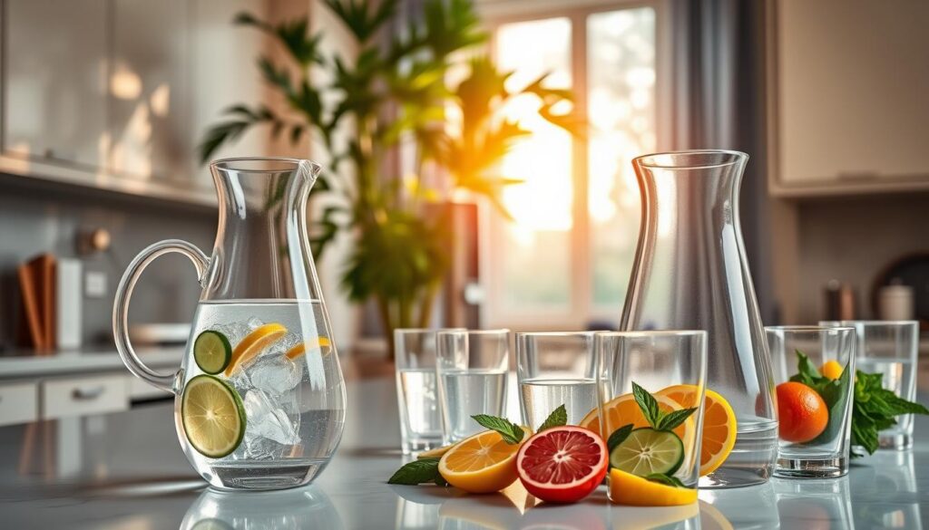 A serene, high-end kitchen countertop filled with elegant glass water carafes and crystal-clear drinking glasses. In the foreground, a close-up of a pristine carafe pouring refreshing water into a glass, surrounded by colorful, fresh fruit slices like lemon, cucumber, and mint for a vibrant touch. In the middle, a sleek water filtration system glimmers under soft, natural lighting from a large window, highlighting its modern design. The background features a lush indoor plant, adding life and a connection to nature, while bright, dreamy neon accents subtly illuminate the scene. The atmosphere is inviting and calming, embodying the essence of health and wellness, perfect for the theme of safe hydration.