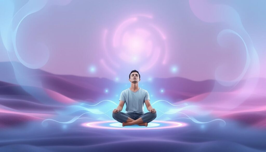 A serene image illustrating the concept of "energy field reset." In the foreground, a person in modest casual clothing sits cross-legged, eyes closed, surrounded by a luminous aura that shimmers in shades of neon blue and pink, symbolizing energy rejuvenation. The middle ground features swirling patterns of light and energy flowing outward, with organic shapes and soft, dynamic lines creating a sense of movement. In the background, a dreamlike landscape of abstract forms and gradients blends in, enhancing the ethereal atmosphere. The scene is illuminated with soft, diffused lighting that lends a calming yet vibrant mood. Capture the essence of tranquility and renewal, emphasizing the importance of aura cleansing against a stunning, visually engaging backdrop. A serene image illustrating the concept of "energy field reset." In the foreground, a person in modest casual clothing sits cross-legged, eyes closed, surrounded by a luminous aura that shimmers in shades of neon blue and pink, symbolizing energy rejuvenation. The middle ground features swirling patterns of light and energy flowing outward, with organic shapes and soft, dynamic lines creating a sense of movement. In the background, a dreamlike landscape of abstract forms and gradients blends in, enhancing the ethereal atmosphere. The scene is illuminated with soft, diffused lighting that lends a calming yet vibrant mood. Capture the essence of tranquility and renewal, emphasizing the importance of aura cleansing against a stunning, visually engaging backdrop.