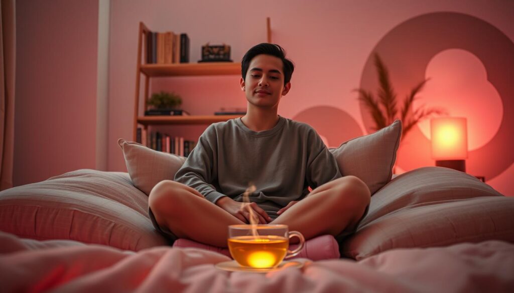A serene individual seated comfortably in a cozy, dimly lit room, wrapped in soft, ethereal light that glows in soft pastel neon colors. They wear modest, casual clothing, embodying a sense of calm and contentment. In the foreground, plush cushions and a steaming cup of herbal tea invite warmth and relaxation. The middle ground features a bookshelf filled with spiritual texts and mindful decor, symbolizing a quest for inner peace yet hinting at avoidance of deeper emotions. The background transitions to abstract dreamlike shapes, signifying escapism and comfort. The entire atmosphere exudes an inviting, tranquil vibe, capturing the essence of spiritual bypassing—safe yet unaddressed feelings. Use a high-end magazine aesthetic with soft focus, shot from a slightly elevated angle to emphasize the soothing environment. A serene individual seated comfortably in a cozy, dimly lit room, wrapped in soft, ethereal light that glows in soft pastel neon colors. They wear modest, casual clothing, embodying a sense of calm and contentment. In the foreground, plush cushions and a steaming cup of herbal tea invite warmth and relaxation. The middle ground features a bookshelf filled with spiritual texts and mindful decor, symbolizing a quest for inner peace yet hinting at avoidance of deeper emotions. The background transitions to abstract dreamlike shapes, signifying escapism and comfort. The entire atmosphere exudes an inviting, tranquil vibe, capturing the essence of spiritual bypassing—safe yet unaddressed feelings. Use a high-end magazine aesthetic with soft focus, shot from a slightly elevated angle to emphasize the soothing environment.