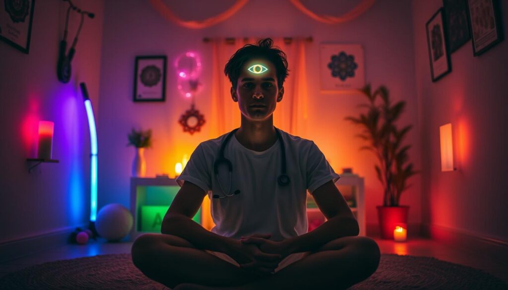 A serene individual sitting cross-legged in a cozy, dimly-lit room adorned with vibrant dreamcore aesthetics, their forehead prominently featuring a glowing, stylized third eye symbol. The foreground captures the soft glow of the third eye as a radiant and ethereal light, symbolizing spiritual awakening. In the middle ground, various health symbols—such as a stethoscope, herbal remedies, and chakras—are artistically integrated into the environment, representing the intersection of spiritual and physical well-being. The background includes subtle neon colors that shimmer lightly, enhancing the mystical atmosphere. Utilize warm, ambient lighting with a soft focus lens to create a calming yet intriguing mood, inviting viewers to explore the deeper meanings of health and spirituality.