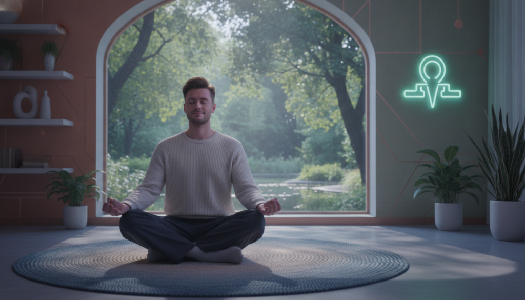 A serene indoor meditation space bathed in soft, diffused neon lighting, creating a dreamcore aesthetic. In the foreground, a young adult Caucasian male sitting cross-legged on a plush, modern rug, dressed in comfortable but professional attire, eyes gently closed, embodying mindfulness and focus. In the middle ground, a large window showing a lush garden outside, with soft sunlight filtering through the trees, enhancing the tranquil environment. The background features minimalist decor with earthy tones and subtle geometric shapes, evoking a sense of harmony. The atmosphere is calm and reflective, inviting viewers to connect with the concept of quantum jumping and meditation. The focus is on introspection and the transformative power of meditation, captured with a soft focus lens at eye level for an intimate feel.