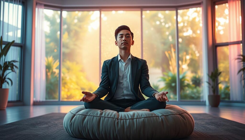 A serene indoor meditation space, bathed in soft, ethereal lighting with neon hues of pink and blue, creating a tranquil atmosphere. In the foreground, a young adult in professional business attire sits cross-legged on a plush, oversized meditation cushion, hands resting on their knees. The middle ground features a gently swirling pattern of golden light, symbolizing richness and abundance, while small, floating orbs of light represent positive thoughts and intentions. In the background, large, soft-focus windows reveal a lush green garden bathed in warm sunlight, enhancing the feeling of peace and connection to nature. The perspective is slightly angled from above, capturing the subject in a moment of deep meditation and focus, embodying an abundance mindset.