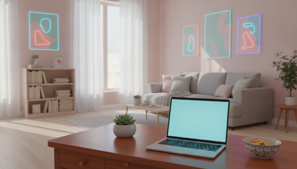A serene indoor scene depicting a well-organized "wealth corner" designed for Feng Shui, emphasizing clarity and openness. In the foreground, a neatly arranged wooden desk features a small green plant, gold coins in a decorative bowl, and a sleek, modern laptop. The middle ground displays a calming, uncluttered living space with neatly stacked books and subtle art pieces on the walls, enhancing a sense of prosperity. In the background, soft, diffused natural light pours in through a large window with sheer curtains, casting gentle shadows. The atmosphere is bright and uplifting, with a palette of soft pastels accented by neon colors. This image should feel aspirational and inviting, appealing to adults seeking financial balance and clarity in their lives. A serene indoor scene depicting a well-organized "wealth corner" designed for Feng Shui, emphasizing clarity and openness. In the foreground, a neatly arranged wooden desk features a small green plant, gold coins in a decorative bowl, and a sleek, modern laptop. The middle ground displays a calming, uncluttered living space with neatly stacked books and subtle art pieces on the walls, enhancing a sense of prosperity. In the background, soft, diffused natural light pours in through a large window with sheer curtains, casting gentle shadows. The atmosphere is bright and uplifting, with a palette of soft pastels accented by neon colors. This image should feel aspirational and inviting, appealing to adults seeking financial balance and clarity in their lives.