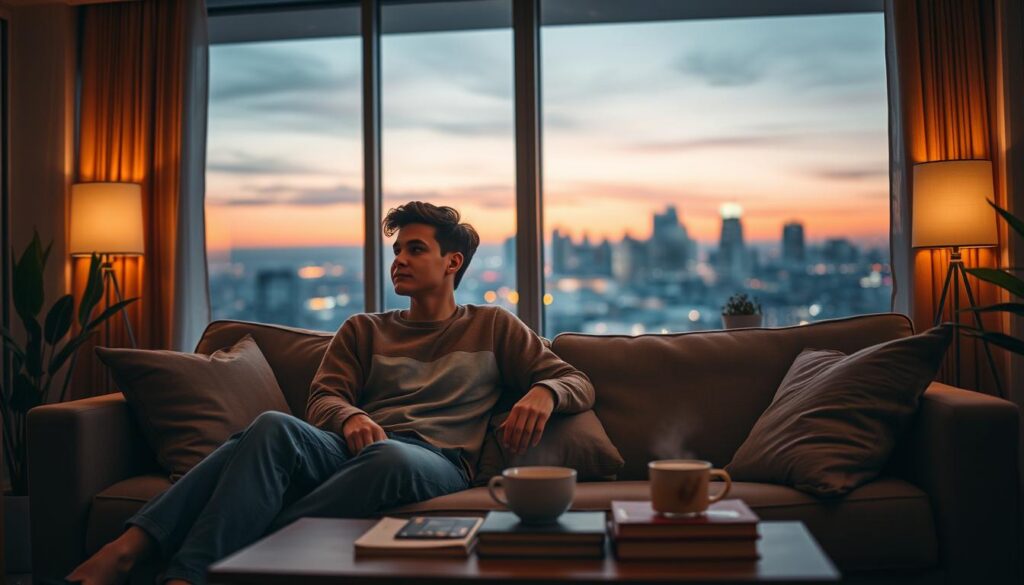 A serene indoor scene featuring two young adults in comfortable, modest casual clothing, sitting side by side on a cozy sofa, basking in the soft, warm glow of ambient lighting. Their body language conveys a deep, unspoken connection as they share a quiet moment of contentment. One partner is gently leaning against the other, both gazing thoughtfully ahead, surrounded by plush pillows and a beautifully arranged coffee table with a few books and a steaming mug of tea. In the background, large windows reveal a tranquil city skyline at dusk, painted in subtle neon colors and dreamlike hues. The atmosphere should evoke warmth, peace, and intimacy, capturing the essence of a soulmate connection found in comfortable silence. Use a slightly blurred focus to enhance the dreamy quality of the scene. A serene indoor scene featuring two young adults in comfortable, modest casual clothing, sitting side by side on a cozy sofa, basking in the soft, warm glow of ambient lighting. Their body language conveys a deep, unspoken connection as they share a quiet moment of contentment. One partner is gently leaning against the other, both gazing thoughtfully ahead, surrounded by plush pillows and a beautifully arranged coffee table with a few books and a steaming mug of tea. In the background, large windows reveal a tranquil city skyline at dusk, painted in subtle neon colors and dreamlike hues. The atmosphere should evoke warmth, peace, and intimacy, capturing the essence of a soulmate connection found in comfortable silence. Use a slightly blurred focus to enhance the dreamy quality of the scene.