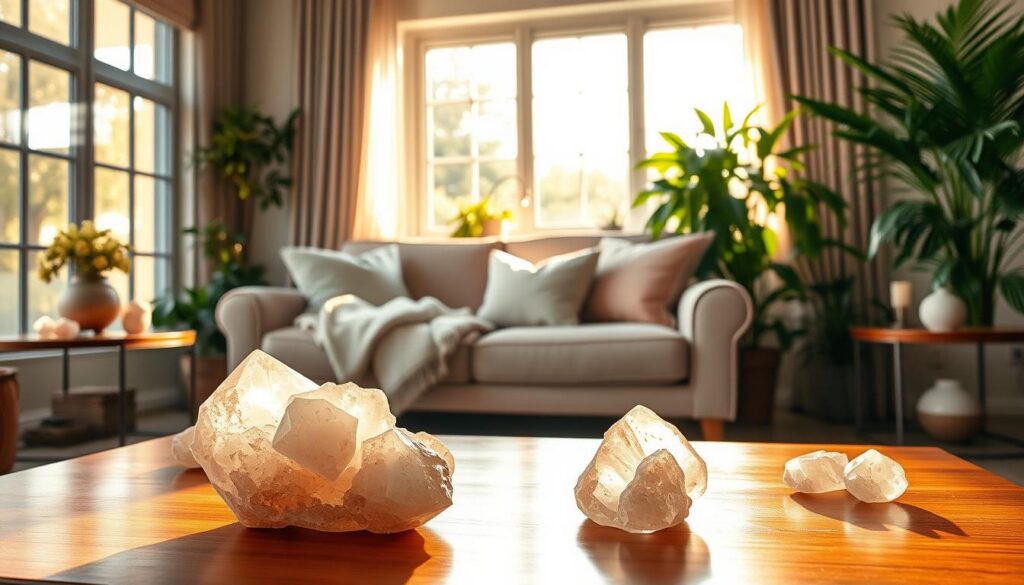A serene indoor scene showcasing an elegant arrangement of rose quartz crystals strategically placed throughout a cozy, sunlit living room. In the foreground, large, smooth rose quartz crystals rest on a polished wooden coffee table, glimmering softly in the warm, golden light filtering through a large window. The middle section features a plush sofa adorned with pastel cushions and a throw blanket, with additional smaller rose quartz pieces scattered artfully across the side tables. In the background, lush green plants bring a touch of nature into the space, enhancing the atmosphere of peace and tranquility. The lighting is soft and inviting, with a dreamy, ethereal quality evoking warmth and unconditional affection. The overall mood should feel harmonious and comforting, ideal for promoting positive energy and serenity.