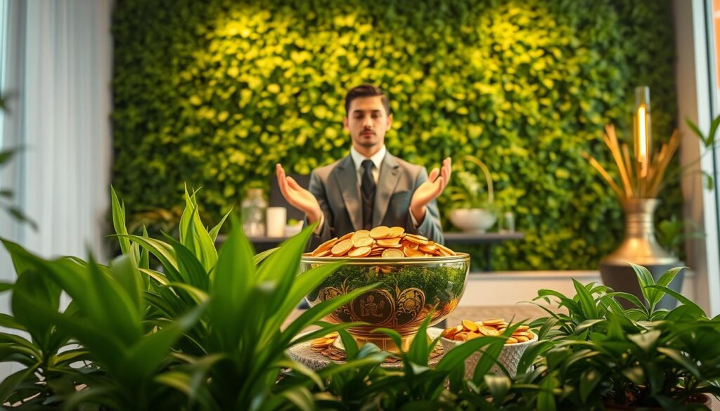 A serene indoor setting bathed in soft, ethereal lighting, showcasing a beautifully arranged prosperity altar. In the foreground, an array of vibrant green plants symbolizes growth, alongside a lavish bowl filled with gold coins and crystals, reflecting light like jewels. The middle ground features a stylishly dressed adult Gen Z individual, adorned in professional attire, performing a mindful ritual of gratitude, their hands gently hovering over the altar. The background reveals a wall of lush greenery, creating a dreamlike atmosphere, with gentle neon accents glowing subtly to inspire abundance. The overall mood is tranquil and uplifting, reminiscent of a high-end magazine advertisement, designed to evoke a sense of effortless attraction to prosperity and abundance in daily life.