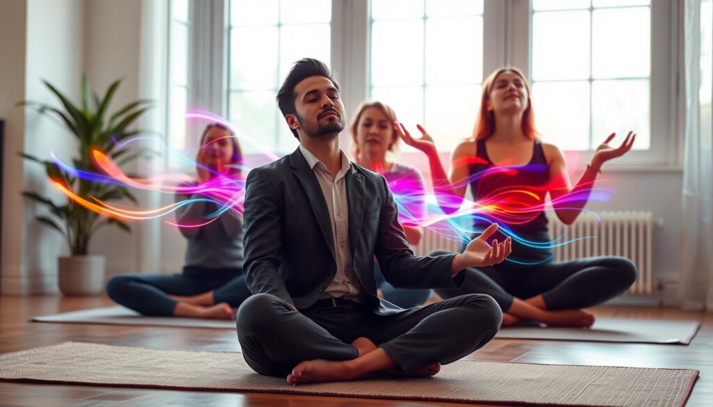 A serene indoor setting captures a diverse group of adults engaging in a breathing presence energy practice. The foreground features a calm individual in professional casual attire, seated cross-legged on a soft, textured mat, eyes closed, embodying tranquility. The middle ground layers two more practitioners, one reaching out with open palms, while the other breathes deeply, immersed in a vibrant flow of glowing, neon energy surrounding them, visually representing their inner vibrations. In the background, large windows allow soft, natural light to filter in, creating a harmonious contrast with the colorful energy waves. The atmosphere is peaceful yet invigorating, embodying a sense of connection and mindfulness, inviting the viewer into a transformative experience. The image should evoke feelings of upliftment and inner harmony, suitable for a high-end magazine aesthetic. A serene indoor setting captures a diverse group of adults engaging in a breathing presence energy practice. The foreground features a calm individual in professional casual attire, seated cross-legged on a soft, textured mat, eyes closed, embodying tranquility. The middle ground layers two more practitioners, one reaching out with open palms, while the other breathes deeply, immersed in a vibrant flow of glowing, neon energy surrounding them, visually representing their inner vibrations. In the background, large windows allow soft, natural light to filter in, creating a harmonious contrast with the colorful energy waves. The atmosphere is peaceful yet invigorating, embodying a sense of connection and mindfulness, inviting the viewer into a transformative experience. The image should evoke feelings of upliftment and inner harmony, suitable for a high-end magazine aesthetic.