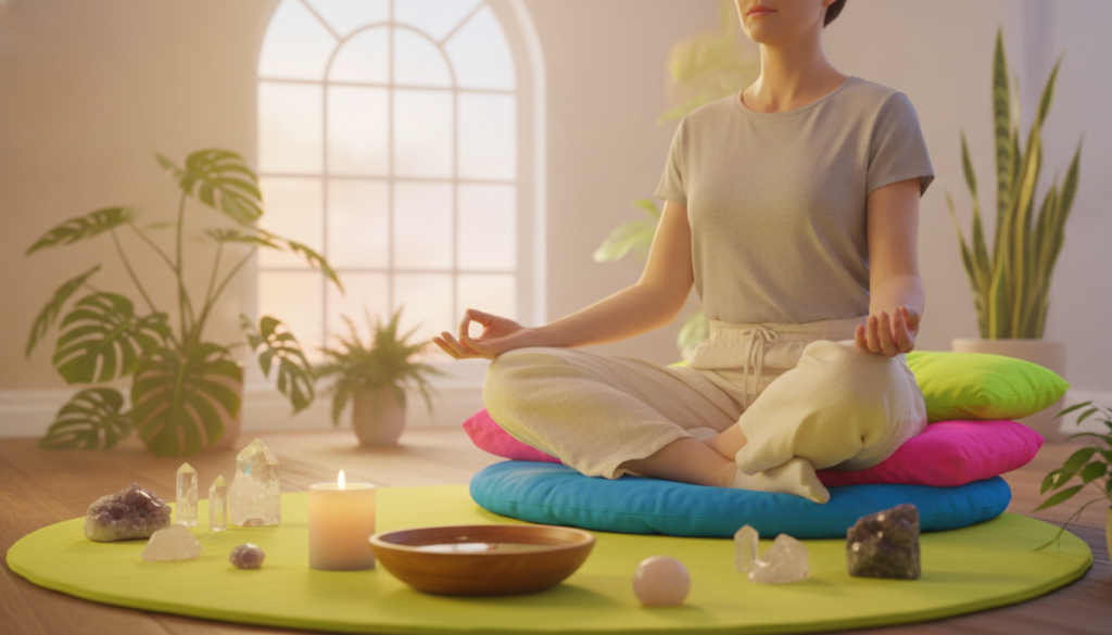 A serene indoor setting designed for meditation, featuring a comfortable mat and soft pillows in vibrant neon colors. In the foreground, an individual of Caucasian descent sits cross-legged in modest casual clothing, eyes gently closed, embodying tranquility and readiness. They are surrounded by delicate crystals and lush greenery, creating an atmosphere of abundance and peace. The middle ground includes a softly glowing candle and a small bowl of water, reflecting warm light. The background showcases a large window allowing natural light to fill the room, with soft pastel hues illuminating the space. The overall mood is calming and hopeful, inviting feelings of abundance and preparation for meditation. Use a warm, inviting lighting setup, capturing the scene with a soft-focus lens to enhance the tranquil atmosphere.