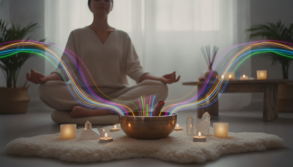 A serene indoor setting featuring a beautifully crafted singing bowl at the forefront, gently resonating with vibrant sound waves illustrated as colorful ripples in the air. The bowl is placed on a soft, textured mat, surrounded by delicate crystals and candles that reflect a warm glow. In the middle ground, a peaceful individual in modest casual attire sits cross-legged, eyes closed, deeply immersed in the healing vibrations. The background is softly blurred, showcasing a tranquil space with soft, ambient lighting that enhances the ethereal atmosphere. The overall mood is calming and spiritual, evoking a sense of harmony and connection to higher vibrations. Use a wide-angle lens to capture the entire scene, emphasizing the interaction between the singing bowl, the sound waves, and the environment with rich neon colors to give it a dreamlike quality. A serene indoor setting featuring a beautifully crafted singing bowl at the forefront, gently resonating with vibrant sound waves illustrated as colorful ripples in the air. The bowl is placed on a soft, textured mat, surrounded by delicate crystals and candles that reflect a warm glow. In the middle ground, a peaceful individual in modest casual attire sits cross-legged, eyes closed, deeply immersed in the healing vibrations. The background is softly blurred, showcasing a tranquil space with soft, ambient lighting that enhances the ethereal atmosphere. The overall mood is calming and spiritual, evoking a sense of harmony and connection to higher vibrations. Use a wide-angle lens to capture the entire scene, emphasizing the interaction between the singing bowl, the sound waves, and the environment with rich neon colors to give it a dreamlike quality.
