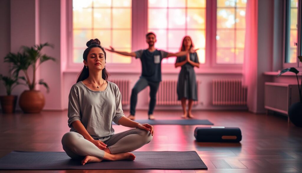 A serene indoor setting featuring a diverse group of three individuals engaged in a five-minute chakra balancing practice. In the foreground, a woman in modest casual clothing sits cross-legged on a yoga mat, her eyes closed, radiating tranquility. In the middle, a man stands with arms outstretched, embodying a grounding pose, while another person meditates nearby, focusing on their energy centers. The background is softly illuminated with neon colors, creating a dreamlike ambiance, with gentle light filtering through large windows, casting colorful reflections. The atmosphere is calm and rejuvenating, inviting viewers into a moment of mindfulness and balance. The composition should be shot from a slightly elevated angle, highlighting the energy flow between the participants. A serene indoor setting featuring a diverse group of three individuals engaged in a five-minute chakra balancing practice. In the foreground, a woman in modest casual clothing sits cross-legged on a yoga mat, her eyes closed, radiating tranquility. In the middle, a man stands with arms outstretched, embodying a grounding pose, while another person meditates nearby, focusing on their energy centers. The background is softly illuminated with neon colors, creating a dreamlike ambiance, with gentle light filtering through large windows, casting colorful reflections. The atmosphere is calm and rejuvenating, inviting viewers into a moment of mindfulness and balance. The composition should be shot from a slightly elevated angle, highlighting the energy flow between the participants.