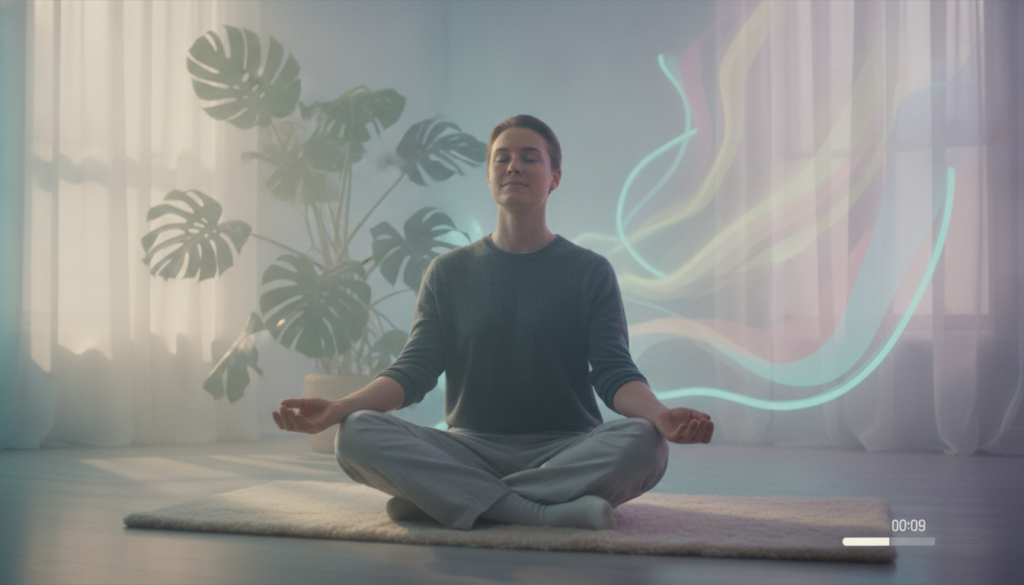 A serene indoor setting featuring a young adult Caucasian individual practicing deep breathing. The foreground showcases the person, dressed in casual yet professional attire, sitting cross-legged on a soft mat with a peaceful expression. Soft neon colors illuminate the space, creating a dreamlike atmosphere that evokes tranquility. In the middle ground, calming plants and gentle light filters through sheer curtains, enhancing the mood of relaxation and mindfulness. The background features abstract shapes in soothing pastels, symbolizing elevated vibrations and energy flow. The lighting is soft and ambient, reminiscent of a high-end magazine advertisement, capturing the essence of a ten-second breathing reset. The angle is slightly above the subject, focusing on the breathing technique while emphasizing the calming environment. A serene indoor setting featuring a young adult Caucasian individual practicing deep breathing. The foreground showcases the person, dressed in casual yet professional attire, sitting cross-legged on a soft mat with a peaceful expression. Soft neon colors illuminate the space, creating a dreamlike atmosphere that evokes tranquility. In the middle ground, calming plants and gentle light filters through sheer curtains, enhancing the mood of relaxation and mindfulness. The background features abstract shapes in soothing pastels, symbolizing elevated vibrations and energy flow. The lighting is soft and ambient, reminiscent of a high-end magazine advertisement, capturing the essence of a ten-second breathing reset. The angle is slightly above the subject, focusing on the breathing technique while emphasizing the calming environment.