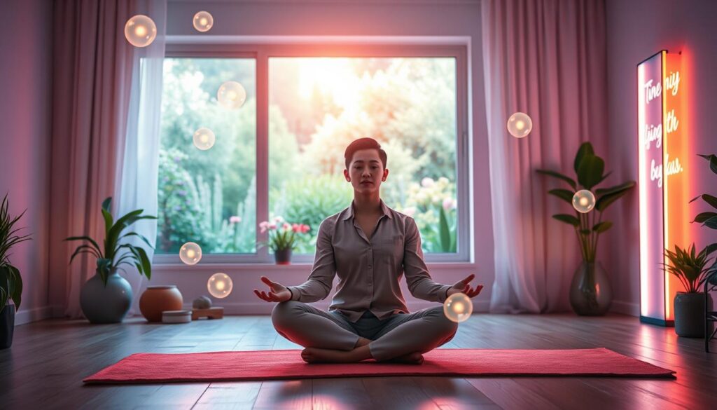 A serene indoor setting with a cozy yoga space bathed in soft, diffuse neon colors, creating a calming yet vibrant atmosphere. In the foreground, a young adult in professional, modest casual attire is practicing mindfulness, sitting cross-legged on a plush mat, surrounded by floating, ethereal light orbs symbolizing positive thoughts and supportive beliefs. In the middle ground, a large window reveals a picturesque view of a tranquil garden, infused with lush greenery and blooming flowers, representing growth and transformation. The background features softly glowing motivational phrases cascading like a gentle waterfall, further enhancing the theme of replacing limiting beliefs with supportive thoughts. The lighting is warm and inviting, evoking a sense of peace and empowerment. Use a shallow depth of field to focus on the subject while softly blurring the background for a dreamy effect. A serene indoor setting with a cozy yoga space bathed in soft, diffuse neon colors, creating a calming yet vibrant atmosphere. In the foreground, a young adult in professional, modest casual attire is practicing mindfulness, sitting cross-legged on a plush mat, surrounded by floating, ethereal light orbs symbolizing positive thoughts and supportive beliefs. In the middle ground, a large window reveals a picturesque view of a tranquil garden, infused with lush greenery and blooming flowers, representing growth and transformation. The background features softly glowing motivational phrases cascading like a gentle waterfall, further enhancing the theme of replacing limiting beliefs with supportive thoughts. The lighting is warm and inviting, evoking a sense of peace and empowerment. Use a shallow depth of field to focus on the subject while softly blurring the background for a dreamy effect.