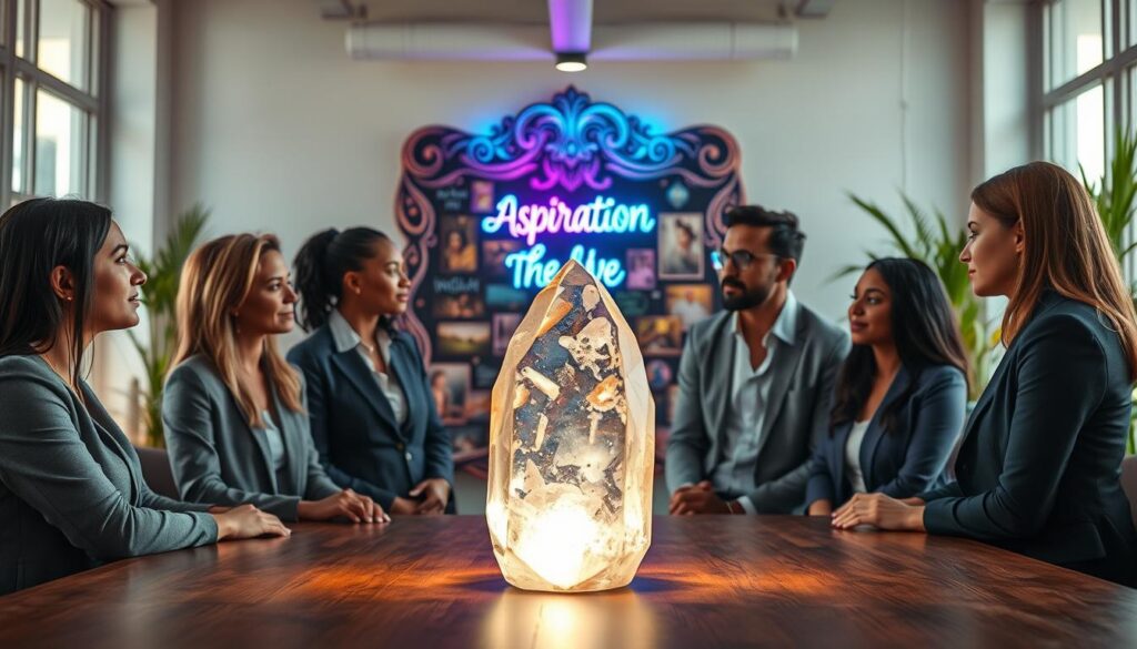 A serene indoor setting with a glowing, translucent crystal at the center of a modern workspace, representing the concept of manifestation. In the foreground, a diverse group of three adults in professional attire, engaged in focused discussion, their expressions reflecting intention and determination. The middle ground features an ornate vision board with vibrant images and words that embody aspirations and goals, illuminated by soft neon lighting in hues of blue and purple, creating a tranquil and inspiring atmosphere. The background is a bright, airy space with large windows letting in natural light, flanked by indoor plants that enhance the feeling of growth and positivity. The overall mood is one of clarity, purpose, and the excitement of new beginnings, captured with a slight depth of field to emphasize the crystal and the intention-setting moment. A serene indoor setting with a glowing, translucent crystal at the center of a modern workspace, representing the concept of manifestation. In the foreground, a diverse group of three adults in professional attire, engaged in focused discussion, their expressions reflecting intention and determination. The middle ground features an ornate vision board with vibrant images and words that embody aspirations and goals, illuminated by soft neon lighting in hues of blue and purple, creating a tranquil and inspiring atmosphere. The background is a bright, airy space with large windows letting in natural light, flanked by indoor plants that enhance the feeling of growth and positivity. The overall mood is one of clarity, purpose, and the excitement of new beginnings, captured with a slight depth of field to emphasize the crystal and the intention-setting moment.
