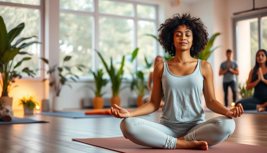 A serene indoor space bathed in soft, ambient lighting, featuring a diverse group of adults in modest casual clothing practicing breathing and movement grounding techniques. In the foreground, a woman with curly hair sits cross-legged on a yoga mat, her hands resting on her knees, exuding calmness as she meditates. In the middle ground, a man with an athletic build performs gentle stretching exercises, embodying fluidity and grace. The background showcases lush indoor plants and large windows allowing natural light, creating an atmosphere of tranquility and connection to nature. The color palette consists of soothing pastels and vibrant neon accents, reflecting a modern, dreamlike aesthetic that resonates with adult Gen Z. The entire scene conveys a sense of peace and mindfulness, perfect for illustrating grounding techniques.