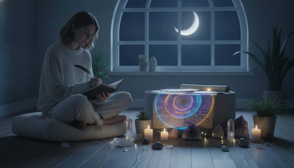 A serene indoor space bathed in soft, ambient moonlight. In the foreground, a young Caucasian woman sits cross-legged on a plush, oversized cushion, wearing modest, stylish attire. She is surrounded by crystals, candles, and small potted plants that bring life to the scene. In her hands, she holds a journal, where she writes down her new moon intentions, capturing a moment of focus and reflection. The middle ground features a table adorned with astrological charts and dreamy, swirling patterns in neon colors, hinting at cosmic energies. The background displays a large window with a clear view of the night sky and a radiant, glowing new moon casting gentle light into the room. The overall mood is tranquil and introspective, encouraging the viewer to connect with the energies of intention setting.