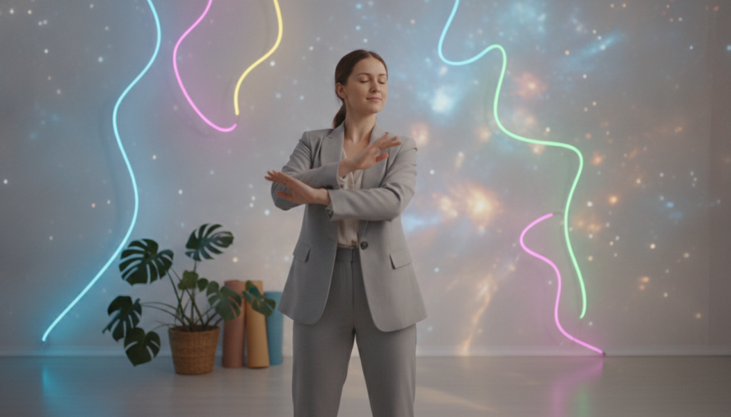 A serene indoor space bathed in soft, diffused daylight, filled with abstract shapes and neon colors that represent energy and flow. In the foreground, a young Caucasian woman in a professional business outfit is engaging in body-based release resistance practice, her posture relaxed yet focused as she performs gentle, fluid movements. Her expression is one of deep concentration and peace, symbolizing the act of letting go. In the middle ground, hints of yoga mats and calming plants create an inviting atmosphere, while the background features blurred, ethereal patterns that evoke a sense of transformation and freedom. Use a wide-angle lens to capture depth and clarity, enhancing the dreamlike quality, with a focus on soft lighting to highlight the mood of liberation and self-discovery. A serene indoor space bathed in soft, diffused daylight, filled with abstract shapes and neon colors that represent energy and flow. In the foreground, a young Caucasian woman in a professional business outfit is engaging in body-based release resistance practice, her posture relaxed yet focused as she performs gentle, fluid movements. Her expression is one of deep concentration and peace, symbolizing the act of letting go. In the middle ground, hints of yoga mats and calming plants create an inviting atmosphere, while the background features blurred, ethereal patterns that evoke a sense of transformation and freedom. Use a wide-angle lens to capture depth and clarity, enhancing the dreamlike quality, with a focus on soft lighting to highlight the mood of liberation and self-discovery.
