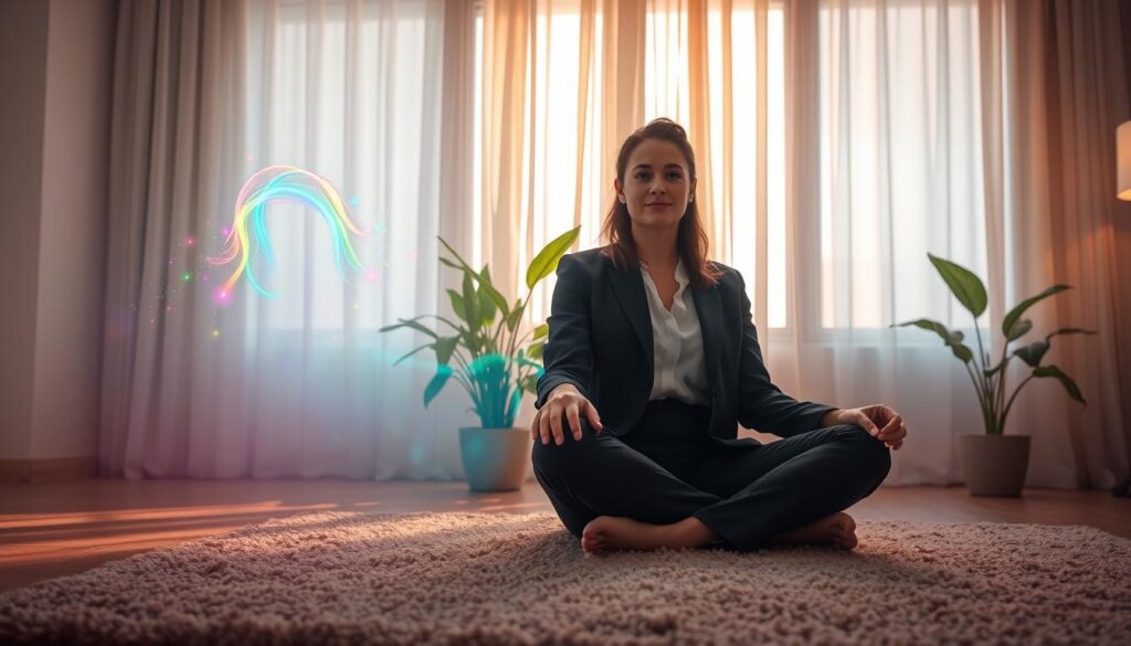 A serene indoor space bathed in soft, diffused light, creating an ethereal atmosphere. In the foreground, a person seated cross-legged on a plush, textured rug, dressed in professional business attire, their expression calm and reflective. Surrounding them are faint, glowing patterns of colorful, swirling light resembling emotional stress patterns dissipating into the air. In the middle ground, plants with vibrant green leaves gently sway, symbolizing growth and renewal. The background features a large window with soft curtains that filter in warm, natural light, enhancing the dreamlike feel. The overall mood is one of tranquility and liberation, capturing the essence of releasing emotional burdens while embracing positivity, with an emphasis on neon colors that suggest energy and transformation. A serene indoor space bathed in soft, diffused light, creating an ethereal atmosphere. In the foreground, a person seated cross-legged on a plush, textured rug, dressed in professional business attire, their expression calm and reflective. Surrounding them are faint, glowing patterns of colorful, swirling light resembling emotional stress patterns dissipating into the air. In the middle ground, plants with vibrant green leaves gently sway, symbolizing growth and renewal. The background features a large window with soft curtains that filter in warm, natural light, enhancing the dreamlike feel. The overall mood is one of tranquility and liberation, capturing the essence of releasing emotional burdens while embracing positivity, with an emphasis on neon colors that suggest energy and transformation.