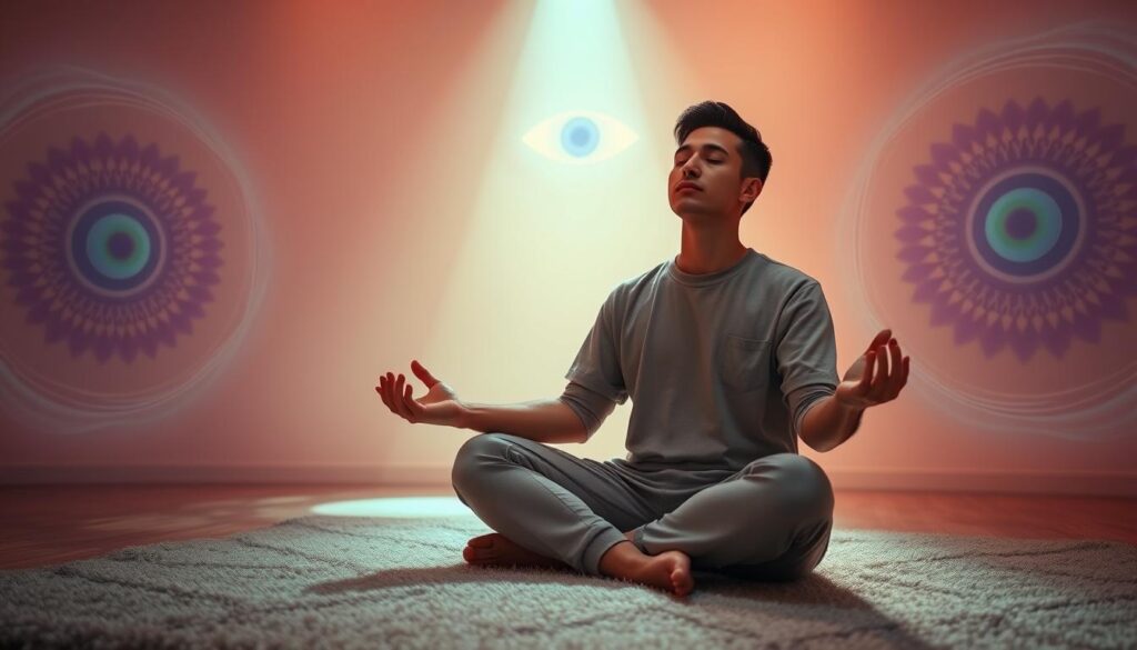 A serene indoor space bathed in soft, glowing neon colors, featuring a person in modest casual attire practicing mindfulness. In the foreground, the individual sits cross-legged on a plush rug, eyes closed, with a focused and peaceful expression that conveys deep meditation. Hands resting on knees, palms open and facing up, creating a visual of energy flow. In the middle ground, ethereal light rays gently illuminate the space, enhancing the feeling of awakening. The background showcases abstract representations of the third eye chakra, with swirling, dreamy patterns that evoke a sense of expansion and awareness. The overall atmosphere is tranquil and introspective, reminiscent of high-end magazine aesthetics, captured with a wide-angle lens to enhance depth and immersion. A serene indoor space bathed in soft, glowing neon colors, featuring a person in modest casual attire practicing mindfulness. In the foreground, the individual sits cross-legged on a plush rug, eyes closed, with a focused and peaceful expression that conveys deep meditation. Hands resting on knees, palms open and facing up, creating a visual of energy flow. In the middle ground, ethereal light rays gently illuminate the space, enhancing the feeling of awakening. The background showcases abstract representations of the third eye chakra, with swirling, dreamy patterns that evoke a sense of expansion and awareness. The overall atmosphere is tranquil and introspective, reminiscent of high-end magazine aesthetics, captured with a wide-angle lens to enhance depth and immersion.