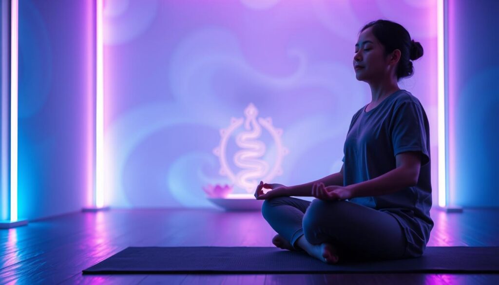 A serene indoor space illuminated by soft, glowing neon lights in shades of blue and purple. In the foreground, a person (of Asian descent, wearing comfortable, modest yoga attire) sits cross-legged on a meditation mat, eyes closed, with a calm expression. Their posture reflects a deep meditative state, with a subtle aura of light surrounding their head to symbolize the awakening of energy. In the middle ground, a collection of symbolic kundalini elements like a coiled serpent and lotus flowers are artistically arranged, blending with the person. The background features abstract, dreamlike patterns of swirling colors and light, enhancing the mystical atmosphere. The image should evoke feelings of tranquility and spiritual depth, with a slight ethereal glow, capturing the essence of kundalini awakening practices. A serene indoor space illuminated by soft, glowing neon lights in shades of blue and purple. In the foreground, a person (of Asian descent, wearing comfortable, modest yoga attire) sits cross-legged on a meditation mat, eyes closed, with a calm expression. Their posture reflects a deep meditative state, with a subtle aura of light surrounding their head to symbolize the awakening of energy. In the middle ground, a collection of symbolic kundalini elements like a coiled serpent and lotus flowers are artistically arranged, blending with the person. The background features abstract, dreamlike patterns of swirling colors and light, enhancing the mystical atmosphere. The image should evoke feelings of tranquility and spiritual depth, with a slight ethereal glow, capturing the essence of kundalini awakening practices.