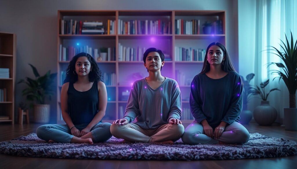 A serene indoor space with soft, ambient lighting, featuring a group of three diverse young adults, dressed in modest, stylish casual clothing, sitting cross-legged on a plush rug. They are surrounded by a luminous aura representation, depicted as ethereal glowing colors—rich indigo, violet, and subtle hints of teal—emanating from their bodies, symbolizing the concept of Indigo Children. In the background, stylish shelves filled with books about spirituality and self-awareness create an inviting atmosphere. Soft dreamcore elements, like abstract shapes and gentle, swirling patterns, add a whimsical touch. The image is captured with a shallow depth of field, focusing on the subjects while the background remains softly blurred, evoking a calm, introspective mood that resonates with the concept of heightened sensitivity and awareness. The overall color palette is vibrant yet soothing, highlighting the idea of spiritual connection.