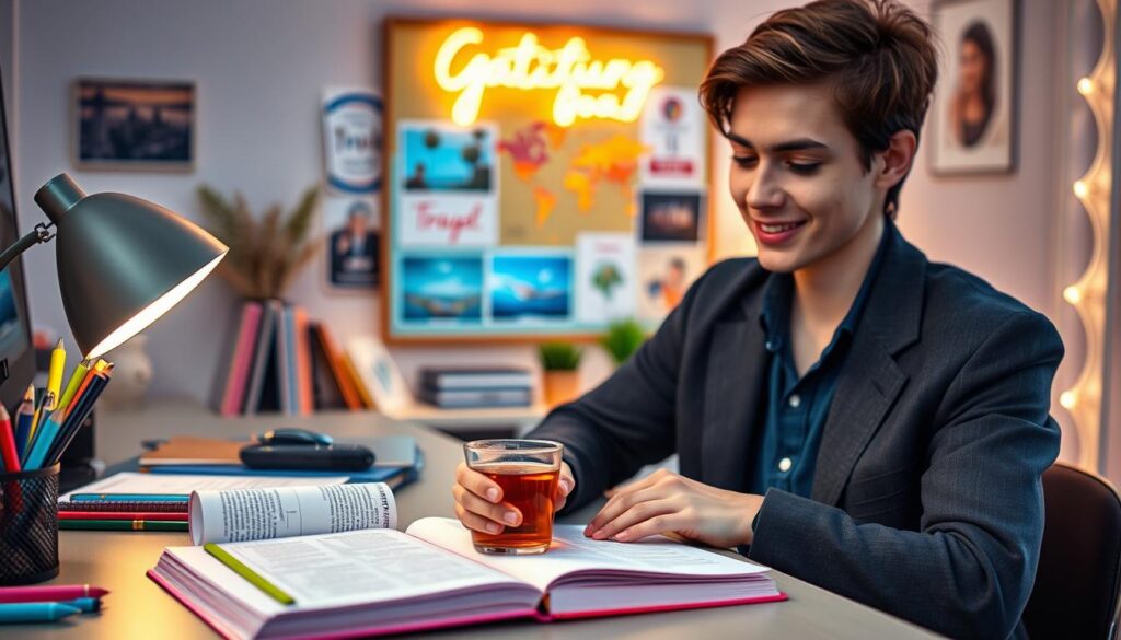 A serene indoor workspace featuring a neatly organized gratitude journal open on a stylish desk, surrounded by vibrant, colorful stationery and a steaming cup of herbal tea. In the foreground, a young adult in smart casual attire writes thoughtfully, their face expressing a sense of fulfillment and happiness. The middle ground showcases a soft-focused view of a vision board with images representing long-term goals—financial success, travel, and personal growth. The background is illuminated with dreamy neon lights, creating an inspiring atmosphere that merges ambition and tranquility. Use soft, warm lighting to enhance the peaceful mood, while capturing the scene from a slightly elevated angle to include all elements harmoniously. A serene indoor workspace featuring a neatly organized gratitude journal open on a stylish desk, surrounded by vibrant, colorful stationery and a steaming cup of herbal tea. In the foreground, a young adult in smart casual attire writes thoughtfully, their face expressing a sense of fulfillment and happiness. The middle ground showcases a soft-focused view of a vision board with images representing long-term goals—financial success, travel, and personal growth. The background is illuminated with dreamy neon lights, creating an inspiring atmosphere that merges ambition and tranquility. Use soft, warm lighting to enhance the peaceful mood, while capturing the scene from a slightly elevated angle to include all elements harmoniously.