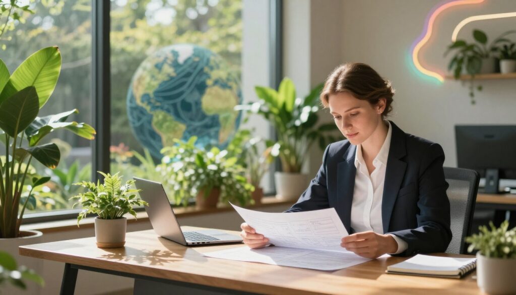 A serene, inspiring workspace representing the earth sign Midheaven career path. In the foreground, a confident young Caucasian professional dressed in smart business attire reviews plans at a modern wooden desk, surrounded by lush green plants symbolizing growth and stability. In the middle ground, a large window reveals a lush garden, with natural light streaming in, casting soft shadows that evoke a warm atmosphere. The background features dreamy, abstract elements that resemble earth tones in neon colors, hinting at creativity and ambition. The scene captures an air of sophistication and professionalism, conveying a strong mood of determination and success. The overall composition should feel both dynamic and serene, ideal for a high-end magazine advertisement aimed at adult Gen Z. A serene, inspiring workspace representing the earth sign Midheaven career path. In the foreground, a confident young Caucasian professional dressed in smart business attire reviews plans at a modern wooden desk, surrounded by lush green plants symbolizing growth and stability. In the middle ground, a large window reveals a lush garden, with natural light streaming in, casting soft shadows that evoke a warm atmosphere. The background features dreamy, abstract elements that resemble earth tones in neon colors, hinting at creativity and ambition. The scene captures an air of sophistication and professionalism, conveying a strong mood of determination and success. The overall composition should feel both dynamic and serene, ideal for a high-end magazine advertisement aimed at adult Gen Z.