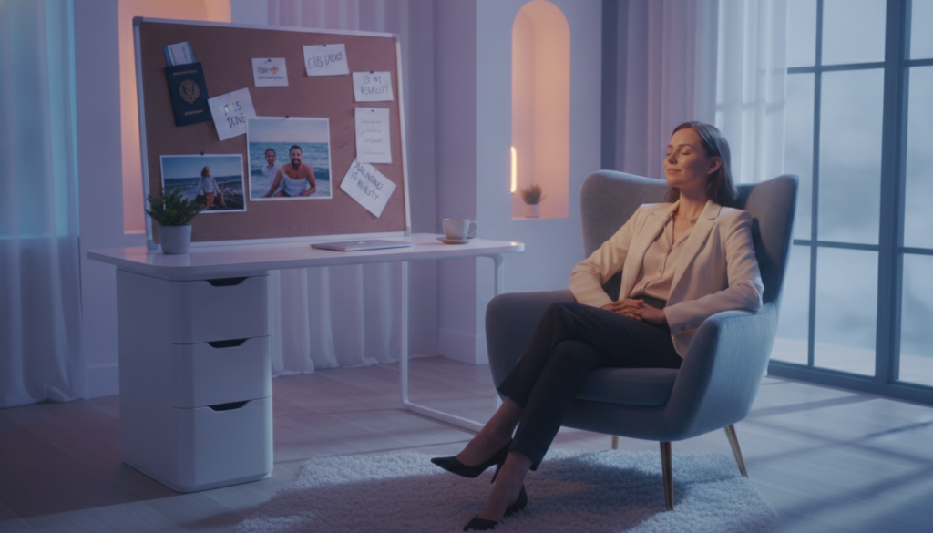 A serene interior scene showcasing a contemporary workspace designed for a "wish fulfilled mindset exercise." In the foreground, a young Caucasian woman in professional business attire sits comfortably on a plush chair, her eyes closed and a peaceful expression as she visualizes her desires manifesting. In the middle ground, a sleek desk holds a vision board adorned with vibrant images and inspirational quotes, symbolizing goals and aspirations. In the background, soft neon colors illuminate the space, creating a dreamlike atmosphere. A large window lets in natural light, casting gentle shadows that enhance the tranquil vibe. The scene conveys a mood of relaxation, focus, and positivity, reflecting the essence of feeling like one's desires are already fulfilled.