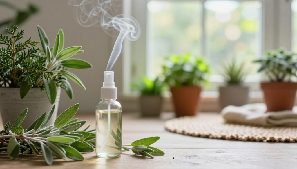 A serene interior space bathed in soft, natural light, featuring a beautifully arranged display of juniper and sage plants. In the foreground, a glass spray bottle glimmers, partially filled with a clear liquid, surrounded by scattered sage leaves and thin tendrils of smoke curling upward. The middle layer showcases a cozy, vibrant setting with potted plants and a woven rug, evoking a sense of tranquility. In the background, a softly blurred view of a sunlit window casts gentle reflections, enhancing the calming atmosphere. The color palette includes fresh greens and soothing earth tones, with subtle hints of neon accents to embody a modern vibe. A warm, inviting mood permeates the scene, enticing the viewer to imagine the refreshing energy of sage clearing their space. A serene interior space bathed in soft, natural light, featuring a beautifully arranged display of juniper and sage plants. In the foreground, a glass spray bottle glimmers, partially filled with a clear liquid, surrounded by scattered sage leaves and thin tendrils of smoke curling upward. The middle layer showcases a cozy, vibrant setting with potted plants and a woven rug, evoking a sense of tranquility. In the background, a softly blurred view of a sunlit window casts gentle reflections, enhancing the calming atmosphere. The color palette includes fresh greens and soothing earth tones, with subtle hints of neon accents to embody a modern vibe. A warm, inviting mood permeates the scene, enticing the viewer to imagine the refreshing energy of sage clearing their space.