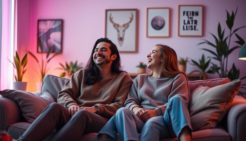 A serene, intimate scene depicting emotional safety in a soulmate relationship, with two adults of Gen Z heritage sitting close together on a cozy, plush sofa. The foreground showcases their relaxed body language, both dressed in modest yet stylish casual clothing. The middle ground captures their shared laughter and open expressions, symbolizing trust and acceptance. In the background, softly illuminated ambient lighting in vibrant neon colors creates a dreamy atmosphere, enhancing their connection. The room is tastefully decorated with plants and minimalist art, creating a warm and inviting space. Use a shallow depth of field to focus on their interaction, while soft bokeh effects infuse a sense of magic and tranquility. The mood feels enriching and heartwarming, embodying the essence of being oneself without fear of judgment. A serene, intimate scene depicting emotional safety in a soulmate relationship, with two adults of Gen Z heritage sitting close together on a cozy, plush sofa. The foreground showcases their relaxed body language, both dressed in modest yet stylish casual clothing. The middle ground captures their shared laughter and open expressions, symbolizing trust and acceptance. In the background, softly illuminated ambient lighting in vibrant neon colors creates a dreamy atmosphere, enhancing their connection. The room is tastefully decorated with plants and minimalist art, creating a warm and inviting space. Use a shallow depth of field to focus on their interaction, while soft bokeh effects infuse a sense of magic and tranquility. The mood feels enriching and heartwarming, embodying the essence of being oneself without fear of judgment.