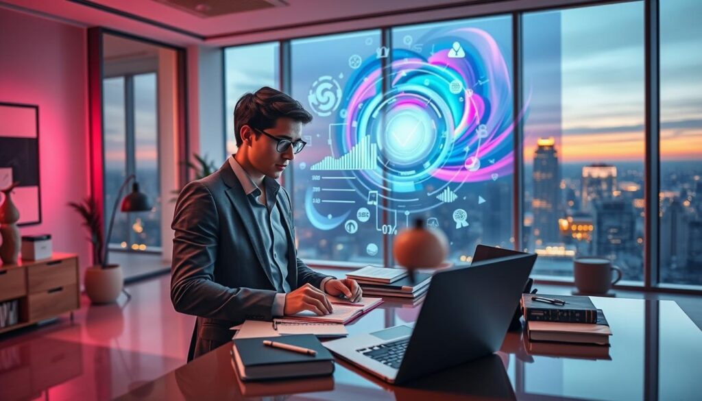 A serene, intriguing office space infused with soft neon colors, symbolizing clarity and insight into money relationships. In the foreground, a confident young adult professional (wearing smart casual attire) examines a crystal-clear holographic display of financial charts and symbols, indicating a deep understanding of wealth. The middle ground showcases a stylish desk cluttered with essential financial tools, such as a laptop, notebooks, and elegant stationery, while a dreamy, abstract mural on the wall represents the Akashic Records, swirling with vibrant hues. In the background, large windows reveal a cityscape bathed in twilight, casting a warm, inviting glow through the glass. The overall atmosphere is one of empowerment and enlightenment, full of positive energy and optimism. The image captures a high-end magazine advertisement aesthetic, emphasizing the journey to financial clarity and intentional wealth building.