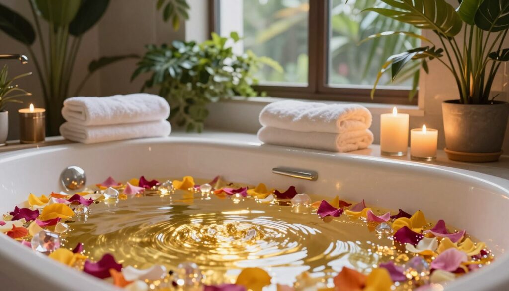 A serene, inviting bathroom setting designed for a spiritual bath aimed at wealth attraction. In the foreground, a luxurious bathtub filled with shimmering golden water, adorned with vibrant flower petals and crystal ornaments that reflect light. A soft, ambient glow illuminates the scene, creating a tranquil atmosphere. In the middle, plush towels and scented candles surround the tub, casting gentle shadows. The background features lush, green plants and a large window that allows natural light to filter in, enhancing the vibrant colors. The mood is peaceful, with hints of opulence and spirituality, evoking a feeling of abundance and tranquility. The setting should appeal to an adult Gen Z audience, focusing on a high-end aesthetic with a dreamcore twist.