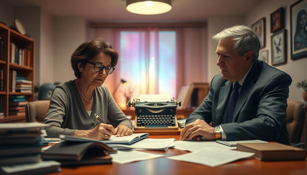 A serene, inviting office setting captures the essence of collaboration and discovery between Helen Schucman and Bill Thetford. In the foreground, depict Helen, a middle-aged woman with glasses and short brown hair, engaged in thoughtful writing, surrounded by scattered papers and books on spirituality. Beside her, Bill, a distinguished man with salt-and-pepper hair, listens intently, wearing professional business attire. The middle layer features a warm wooden desk adorned with a vintage typewriter, symbolizing their creative process. In the background, soft, dreamlike neon colors blend, suggesting a transcendent atmosphere that embodies inspiration. Use soft, natural lighting with a slight glow effect, shooting from a low angle to emphasize their intellectual connection. The mood should reflect curiosity and potential, inviting viewers to ponder the beginning of their extraordinary journey. A serene, inviting office setting captures the essence of collaboration and discovery between Helen Schucman and Bill Thetford. In the foreground, depict Helen, a middle-aged woman with glasses and short brown hair, engaged in thoughtful writing, surrounded by scattered papers and books on spirituality. Beside her, Bill, a distinguished man with salt-and-pepper hair, listens intently, wearing professional business attire. The middle layer features a warm wooden desk adorned with a vintage typewriter, symbolizing their creative process. In the background, soft, dreamlike neon colors blend, suggesting a transcendent atmosphere that embodies inspiration. Use soft, natural lighting with a slight glow effect, shooting from a low angle to emphasize their intellectual connection. The mood should reflect curiosity and potential, inviting viewers to ponder the beginning of their extraordinary journey.