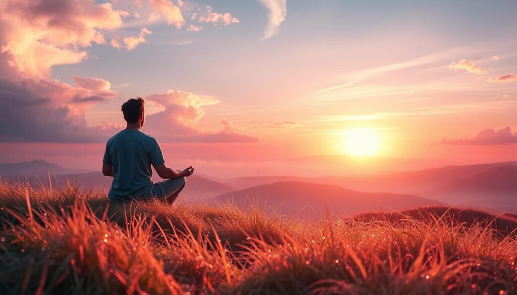 A serene landscape depicting a person in modest casual clothing, meditating atop a radiant hill at sunrise. In the foreground, soft, flowing grass glows with an ethereal light, adorned with shimmering dewdrops. The middle ground features gently rolling hills bathed in pastel neon colors, creating a dreamlike atmosphere, while whimsical clouds swirl above, illuminated by warm golden rays. In the background, a majestic sunrise casts long shadows and fills the sky with vibrant hues of pink, orange, and lavender, suggesting new beginnings. The scene conveys a deep sense of tranquility and enlightenment, embodying the journey of spiritual awakening and self-awareness. Use a wide-angle lens to capture the expansive view and enhance the enchanting mood.