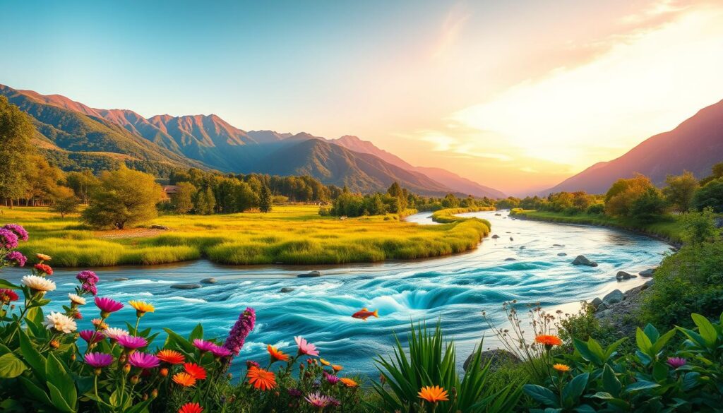 A serene landscape depicting the Law of Rhythm cycles in nature. In the foreground, a vibrant array of flora, from blooming flowers to lush green plants, signifies the flourishing phase of nature. The middle ground showcases a dynamic river flowing gracefully, symbolizing change and movement, with fish occasionally surfacing. In the background, majestic mountains transition from bright green to hues of purple and deep blue, illustrating the shift between seasons. Include a sky transitioning from dawn to dusk, with soft orange and pink gradients, creating a dreamlike atmosphere. Use high-contrast, neon colors for vibrancy, mimicking a high-end magazine advertisement style. Capture this scene with a wide-angle lens, ensuring the lighting is soft yet impactful, evoking a sense of harmony and tranquility, reflective of everyday life's rhythms. A serene landscape depicting the Law of Rhythm cycles in nature. In the foreground, a vibrant array of flora, from blooming flowers to lush green plants, signifies the flourishing phase of nature. The middle ground showcases a dynamic river flowing gracefully, symbolizing change and movement, with fish occasionally surfacing. In the background, majestic mountains transition from bright green to hues of purple and deep blue, illustrating the shift between seasons. Include a sky transitioning from dawn to dusk, with soft orange and pink gradients, creating a dreamlike atmosphere. Use high-contrast, neon colors for vibrancy, mimicking a high-end magazine advertisement style. Capture this scene with a wide-angle lens, ensuring the lighting is soft yet impactful, evoking a sense of harmony and tranquility, reflective of everyday life's rhythms.