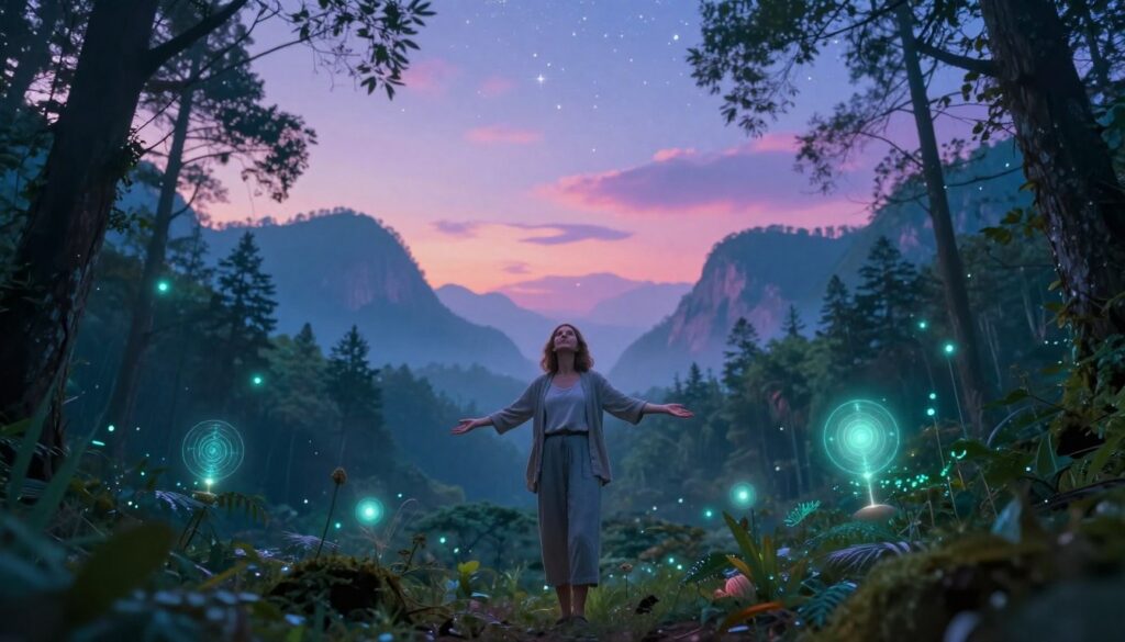 A serene landscape featuring an ethereal forest bathed in soft, otherworldly neon glow. In the foreground, a woman of Caucasian descent, dressed in modest casual attire, stands with arms outstretched toward the sky, symbolizing connection to spiritual purpose. Her expression radiates peace and curiosity. The middle ground showcases mystical elements like glowing orbs and subtle spiritual symbols woven into nature, enhancing the image's allure. The background reveals ethereal mountains fading into a dreamy twilight, accentuated by vibrant colors, creating a tranquil and introspective atmosphere. The lighting is soft and diffused, evoking a sense of wonder and enlightenment. The scene is captured from a low angle, emphasizing the expansive sky filled with twinkling stars, inviting contemplation and inspiration. A serene landscape featuring an ethereal forest bathed in soft, otherworldly neon glow. In the foreground, a woman of Caucasian descent, dressed in modest casual attire, stands with arms outstretched toward the sky, symbolizing connection to spiritual purpose. Her expression radiates peace and curiosity. The middle ground showcases mystical elements like glowing orbs and subtle spiritual symbols woven into nature, enhancing the image's allure. The background reveals ethereal mountains fading into a dreamy twilight, accentuated by vibrant colors, creating a tranquil and introspective atmosphere. The lighting is soft and diffused, evoking a sense of wonder and enlightenment. The scene is captured from a low angle, emphasizing the expansive sky filled with twinkling stars, inviting contemplation and inspiration.