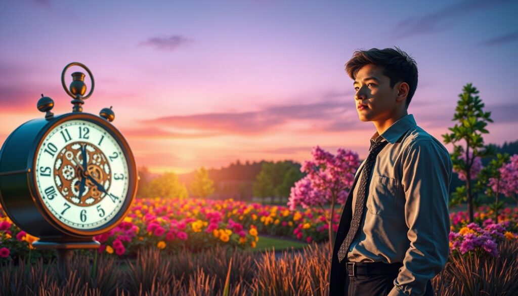 A serene landscape illustrating divine timing and personal growth. In the foreground, a young adult in professional attire stands beside a clock with intricate gears, symbolizing the passage of time, their expression reflecting contemplation. In the middle ground, a lush garden blooms with vibrant, neon-colored flowers and trees, representing personal development and the richness of waiting seasons. The background features a softly illuminated sky during twilight, blending shades of violet and indigo, enhancing the atmosphere of tranquility and introspection. Warm, diffused lighting casts gentle shadows, creating depth and focus on the figure and the clock, inviting viewers to reflect on the beauty of patience and timing in their own journeys. A serene landscape illustrating divine timing and personal growth. In the foreground, a young adult in professional attire stands beside a clock with intricate gears, symbolizing the passage of time, their expression reflecting contemplation. In the middle ground, a lush garden blooms with vibrant, neon-colored flowers and trees, representing personal development and the richness of waiting seasons. The background features a softly illuminated sky during twilight, blending shades of violet and indigo, enhancing the atmosphere of tranquility and introspection. Warm, diffused lighting casts gentle shadows, creating depth and focus on the figure and the clock, inviting viewers to reflect on the beauty of patience and timing in their own journeys.