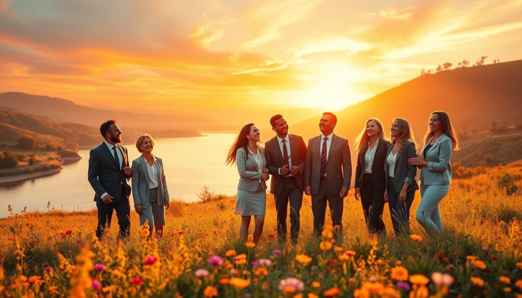 A serene landscape that embodies life, freedom, and joy. In the foreground, a diverse group of adults in professional business attire, laughing and interacting playfully, standing in a vibrant field of wildflowers illuminated by soft, golden sunlight. In the middle ground, a gentle river reflects the neon colors of the sky at sunset, creating a sense of harmony and tranquility. The background features softly rolling hills, dotted with lush greenery and vibrant trees, representing growth and positivity. The scene is infused with an ethereal, dreamcore quality, blending vivid hues into a captivating atmosphere. The lighting is warm and inviting, enhancing the mood of hope and joy, captured from a wide angle to provide a sense of spaciousness and freedom.