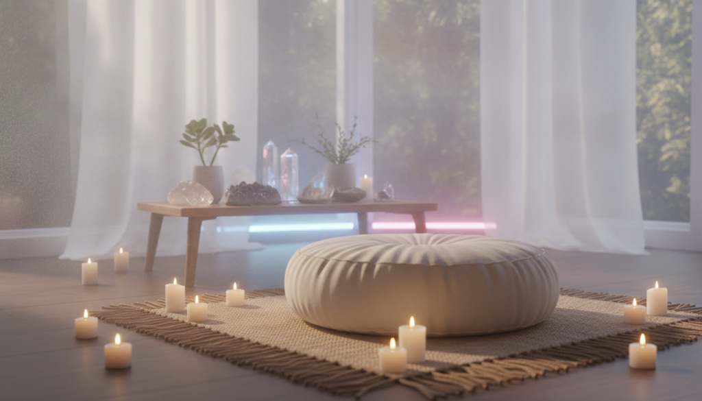 A serene meditation practice space, beautifully arranged in a soft, dreamlike atmosphere. In the foreground, a plush meditation cushion sits atop a delicate woven mat, surrounded by flickering candles casting warm light. The middle ground features a small wooden table adorned with crystals and a potted plant, while a gentle aura of neon colors subtly illuminates the space. The background showcases a tranquil window with sheer curtains, allowing soft natural light to filter in, enhancing the peaceful ambiance. The overall mood is calming and focused, perfect for preparing the mind for telepathic practice. Include a light mist in the air, enhancing the ethereal quality of the scene, captured with a soft focus lens to evoke a high-end magazine feel. A serene meditation practice space, beautifully arranged in a soft, dreamlike atmosphere. In the foreground, a plush meditation cushion sits atop a delicate woven mat, surrounded by flickering candles casting warm light. The middle ground features a small wooden table adorned with crystals and a potted plant, while a gentle aura of neon colors subtly illuminates the space. The background showcases a tranquil window with sheer curtains, allowing soft natural light to filter in, enhancing the peaceful ambiance. The overall mood is calming and focused, perfect for preparing the mind for telepathic practice. Include a light mist in the air, enhancing the ethereal quality of the scene, captured with a soft focus lens to evoke a high-end magazine feel.