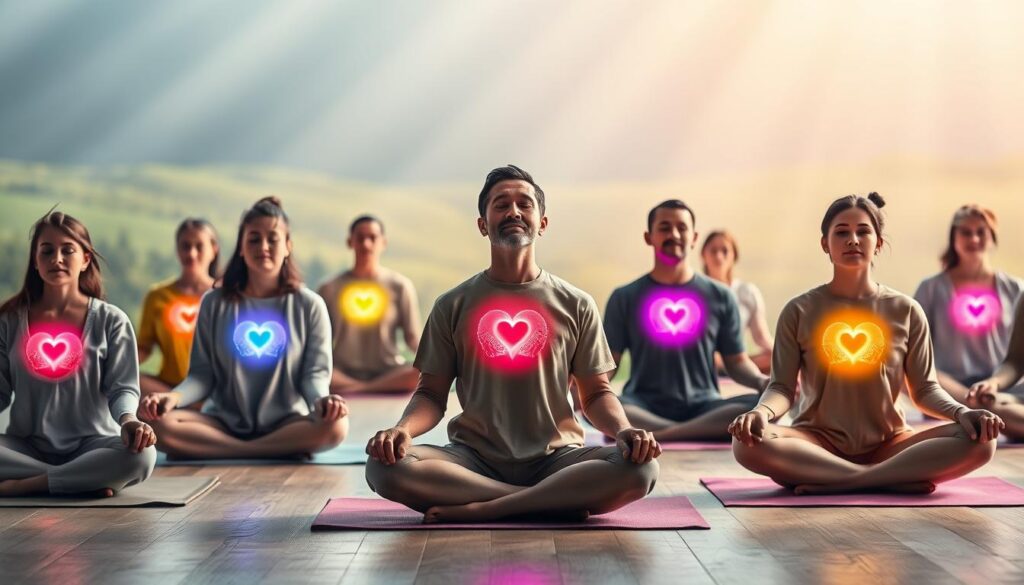 A serene meditation scene depicting brain and heart coherence practice. In the foreground, a diverse group of individuals, dressed in modest casual clothing, sit cross-legged on soft mats with their eyes closed, embodying tranquility. In the middle ground, a radiant aura emanates from the heart region of each person, illustrating the connection with vivid neon colors blending harmoniously. The background features a dreamlike landscape with ethereal light beams and soft-focus greenery that evoke a sense of peace and connection to nature. A soft, diffused lighting illuminates the scene, creating a calming atmosphere. The overall mood is harmonious and uplifting, perfectly reflecting the transformative essence of meditation. The composition is captured from a slightly elevated angle to encompass the entire group and their surroundings in a visually striking manner.
