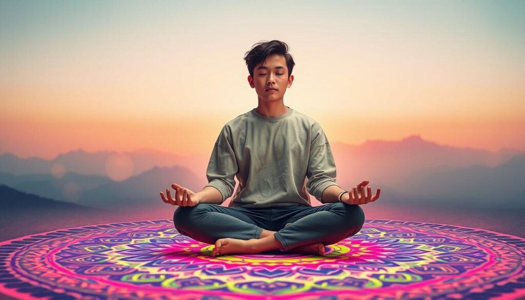 A serene meditation scene focused on inner guidance. In the foreground, a young adult of Asian descent sits cross-legged on a vibrant, neon-colored mandala, wearing modest casual clothing, eyes gently closed in deep concentration. The middle layer features subtle wisps of ethereal light swirling around them, symbolizing inner peace and clarity. In the background, a tranquil landscape blends soft pastel hues, with gently rising mountains and a soothing sky, creating a dreamlike atmosphere. The lighting is soft and ambient, casting a warm, calming glow over the scene, enhancing the meditative mood. A slight lens flare adds a touch of magic. The overall vibe is both contemporary and inviting, appealing to the adult Gen Z aesthetic.