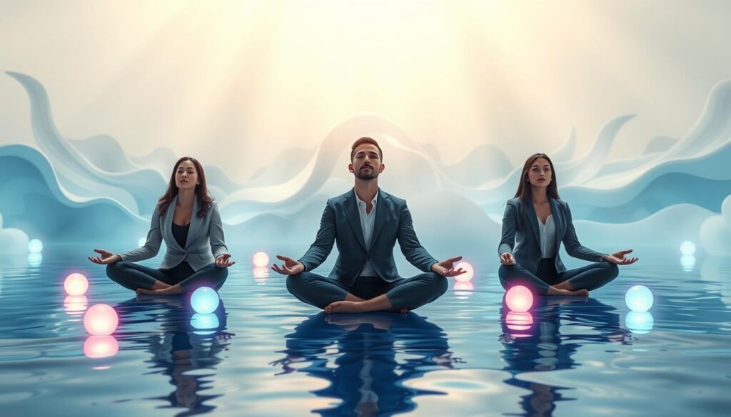 A serene meditation scene showcasing a diverse group of three adults dressed in professional attire, sitting cross-legged on a luminous, reflective surface that resembles flowing water. The foreground features soft, floating orbs of light, symbolizing spirit guides, glowing in vibrant neon colors. In the middle, a gentle mist envelops the participants as they connect with their energy, eyes closed in deep concentration. The background is a dreamlike landscape of cascading abstract shapes and ethereal forms merging softly, creating a tranquil atmosphere. The lighting is warm and inviting, with soft beams illuminating the subjects from above. The overall mood is peaceful and contemplative, evoking a sense of unity between mind, body, and spirit. A serene meditation scene showcasing a diverse group of three adults dressed in professional attire, sitting cross-legged on a luminous, reflective surface that resembles flowing water. The foreground features soft, floating orbs of light, symbolizing spirit guides, glowing in vibrant neon colors. In the middle, a gentle mist envelops the participants as they connect with their energy, eyes closed in deep concentration. The background is a dreamlike landscape of cascading abstract shapes and ethereal forms merging softly, creating a tranquil atmosphere. The lighting is warm and inviting, with soft beams illuminating the subjects from above. The overall mood is peaceful and contemplative, evoking a sense of unity between mind, body, and spirit.