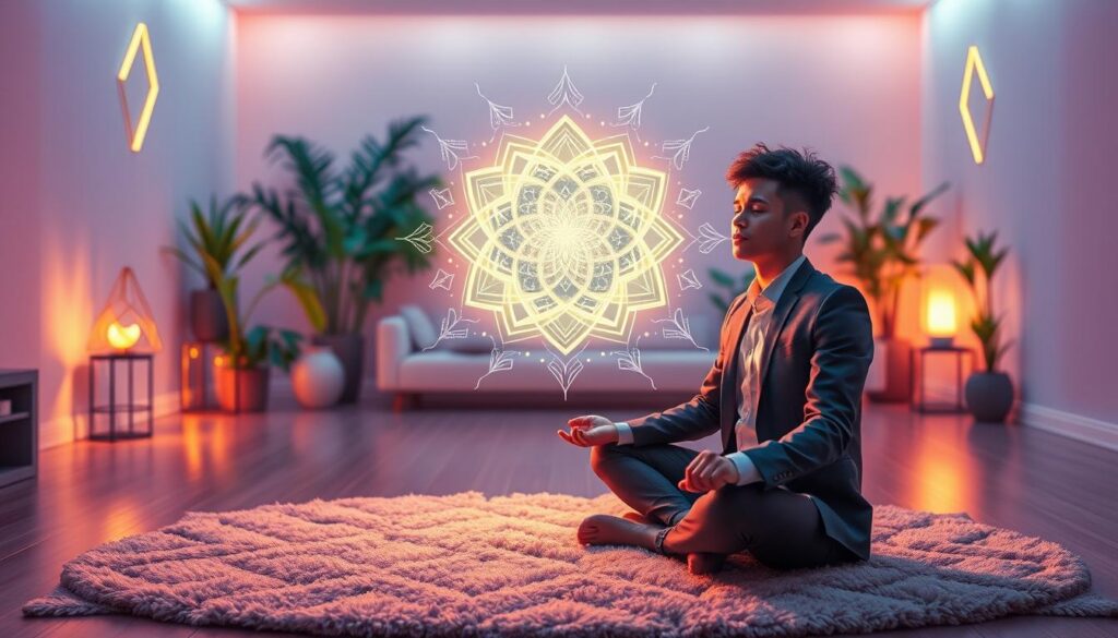 A serene meditation space bathed in soft neon colors, embodying the essence of "333 manifestation focus practice." In the foreground, a young adult in professional business attire sits cross-legged on a plush rug, hands gently resting on their knees, eyes closed in deep concentration. The middle layer features a glowing crystal orb radiating intricate patterns of light, symbolizing the manifestation process, surrounded by ethereal, dreamlike motifs flowing around it. In the background, a tranquil room filled with greenery and softly illuminated geometric shapes creates an inviting atmosphere. The lighting is warm with hints of blue and pink, casting gentle shadows. The overall mood is peaceful, inspiring a sense of focus and mindfulness, perfect for capturing the essence of rapid manifestation. A serene meditation space bathed in soft neon colors, embodying the essence of "333 manifestation focus practice." In the foreground, a young adult in professional business attire sits cross-legged on a plush rug, hands gently resting on their knees, eyes closed in deep concentration. The middle layer features a glowing crystal orb radiating intricate patterns of light, symbolizing the manifestation process, surrounded by ethereal, dreamlike motifs flowing around it. In the background, a tranquil room filled with greenery and softly illuminated geometric shapes creates an inviting atmosphere. The lighting is warm with hints of blue and pink, casting gentle shadows. The overall mood is peaceful, inspiring a sense of focus and mindfulness, perfect for capturing the essence of rapid manifestation.