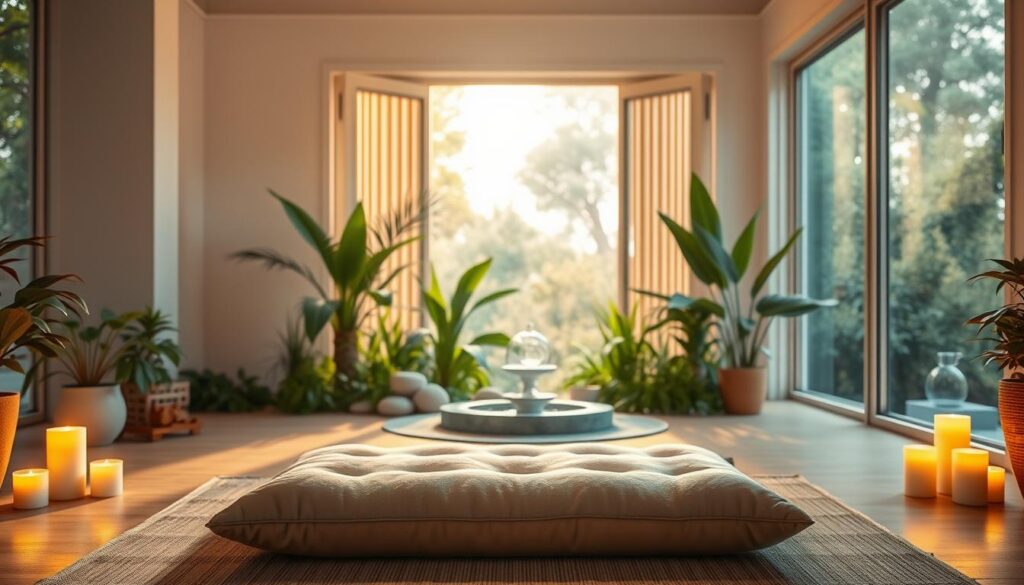 A serene meditation space bathed in soft, warm light, featuring a plush, minimalist meditation cushion in the foreground, surrounded by gently glowing candles. The middle layer reveals a serene indoor garden with lush green plants and a small, tranquil water feature creating a soothing soundscape. In the background, large windows open to a peaceful view of nature, allowing natural light to filter in. The atmosphere is calm and inviting, with a palette of soft pastel colors and dreamlike neon accents to add a modern touch. The image is captured from a slightly elevated angle, creating a sense of depth and inviting viewers into this peaceful sanctuary designed for daily meditation.