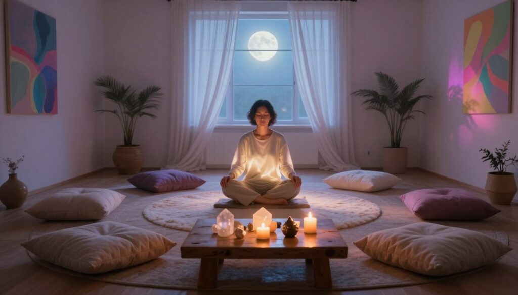 A serene meditation space designed for connecting with spirit guides, featuring a softly lit room with a circular arrangement of various cushions in pastel colors. In the foreground, a rustic wooden table holds crystals and candles, flickering gently in the low light, creating a warm ambiance. The middle ground showcases a person, dressed in modest casual clothing, sitting cross-legged on a plush rug, eyes closed in deep concentration, surrounded by an ethereal glow. The background reveals a large window with flowing sheer curtains, allowing soft moonlight to spill in, enhancing the dreamlike atmosphere. The walls are adorned with abstract art in neon hues, reflecting a modern, artistic flair. The overall mood is tranquil and introspective, inviting the viewer into a space of spiritual exploration and guidance. A serene meditation space designed for connecting with spirit guides, featuring a softly lit room with a circular arrangement of various cushions in pastel colors. In the foreground, a rustic wooden table holds crystals and candles, flickering gently in the low light, creating a warm ambiance. The middle ground showcases a person, dressed in modest casual clothing, sitting cross-legged on a plush rug, eyes closed in deep concentration, surrounded by an ethereal glow. The background reveals a large window with flowing sheer curtains, allowing soft moonlight to spill in, enhancing the dreamlike atmosphere. The walls are adorned with abstract art in neon hues, reflecting a modern, artistic flair. The overall mood is tranquil and introspective, inviting the viewer into a space of spiritual exploration and guidance.