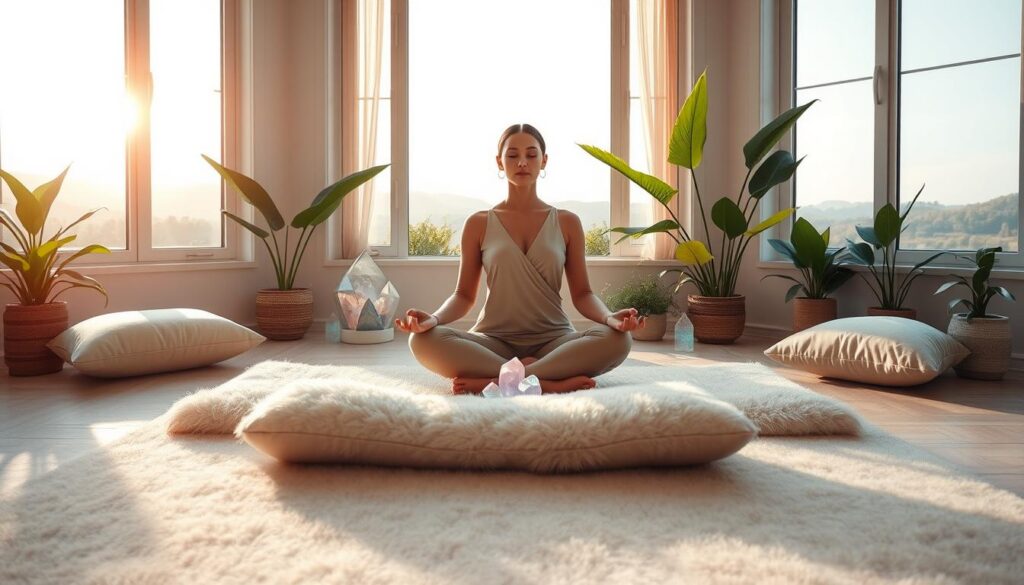 A serene meditation space designed for manifesting abundance, featuring a cozy, plush yoga mat in the foreground, adorned with soft, inviting pillows. In the middle, a peaceful figure sits cross-legged, dressed in elegant, modest casual clothing, hands resting gently on their knees, surrounded by glowing crystals and lush green plants. The background showcases a calming landscape view through large windows, with gentle sunlight streaming in, creating ethereal patterns of light and shadow. The color palette includes soothing pastels and vibrant neon accents, embodying a dreamcore aesthetic that radiates positivity and tranquility. The overall atmosphere conveys a sense of empowerment and abundance, inviting viewers to delve into a space of mindfulness and prosperity. Use a wide-angle lens for a spacious, inviting composition. A serene meditation space designed for manifesting abundance, featuring a cozy, plush yoga mat in the foreground, adorned with soft, inviting pillows. In the middle, a peaceful figure sits cross-legged, dressed in elegant, modest casual clothing, hands resting gently on their knees, surrounded by glowing crystals and lush green plants. The background showcases a calming landscape view through large windows, with gentle sunlight streaming in, creating ethereal patterns of light and shadow. The color palette includes soothing pastels and vibrant neon accents, embodying a dreamcore aesthetic that radiates positivity and tranquility. The overall atmosphere conveys a sense of empowerment and abundance, inviting viewers to delve into a space of mindfulness and prosperity. Use a wide-angle lens for a spacious, inviting composition.
